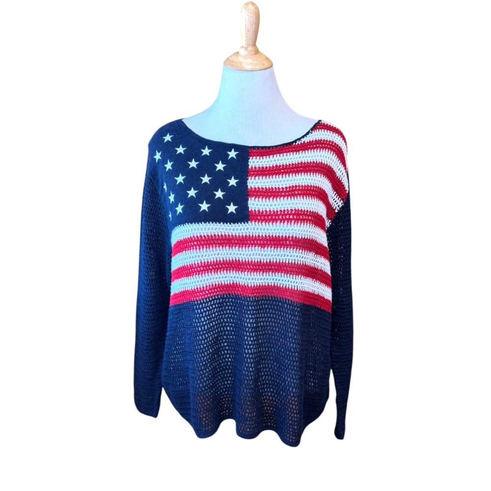Vintage Plus Norton Studio Patriotic Open Knit Long Sleeve Sweater 2X